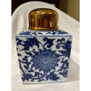 Bombay Blue and White Porcelain Ginger Jar Tea Caddy with Gold Lid.